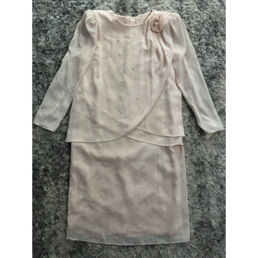 After Dark Pale Pink Crepe Chiffon Dress Sz 14P Embellished Pearls Elegant Vtg